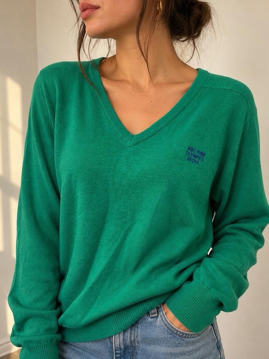 Authentic Original Vintage Style Sweaters - Vintage 1988 Seoul Olympics NBC La Mode Green V Neck Sweater XL collectible
